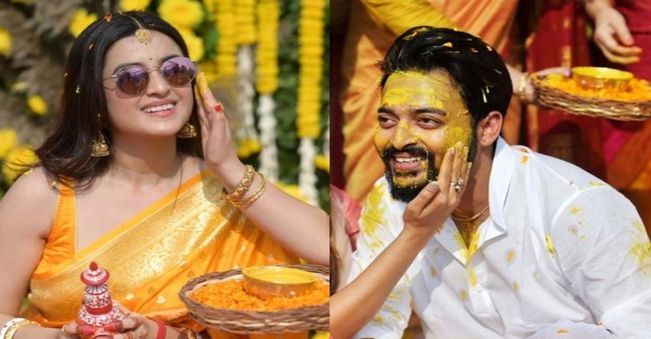 গায়েহলুদে কেমন সাজলেন সৌরভ-দর্শনা?