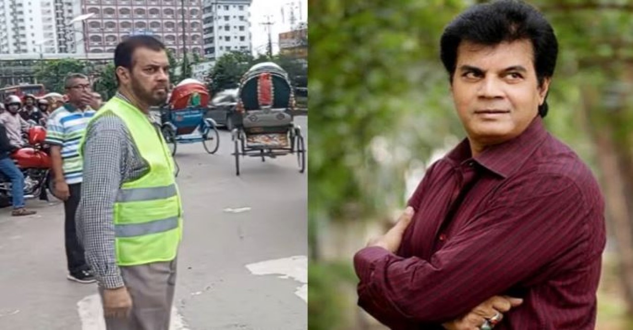 সড়কে ট্রাফিক নিয়ন্ত্রণ করছেন ইলিয়াস কাঞ্চন