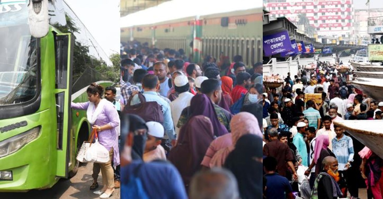 বাস, ট্রেন ও লঞ্চে যাত্রীর ভিড়