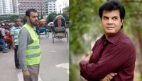 সড়কে ট্রাফিক নিয়ন্ত্রণ করছেন ইলিয়াস কাঞ্চন
